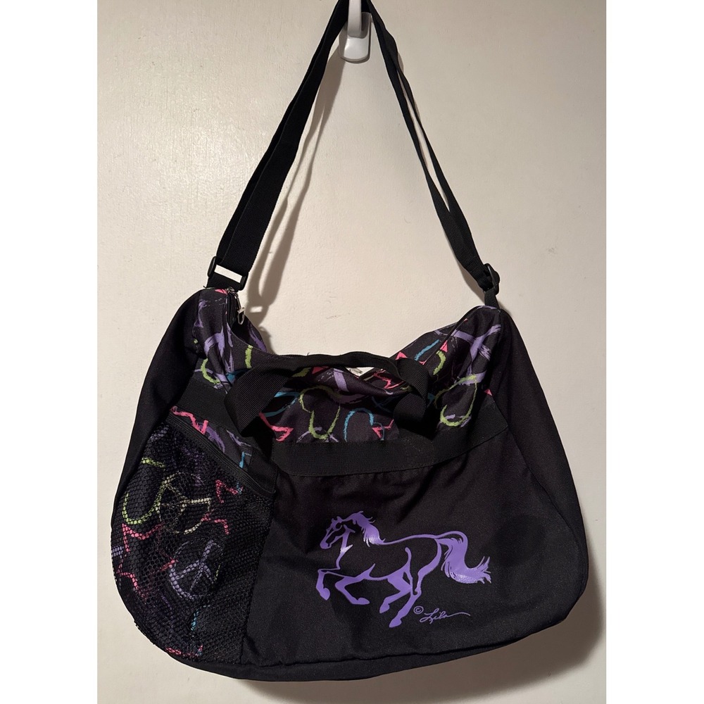 AWST Lila Horse Travel Duffle Bag Black Peace Signs Equestrian 12 x 14"